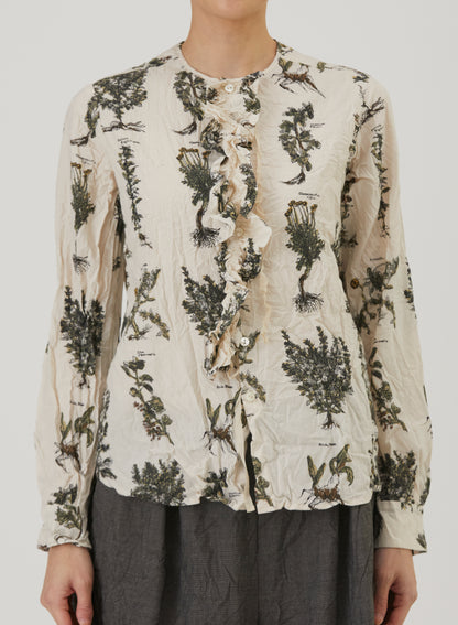 Relax Herbal Print Ruffle Collarless Blouse