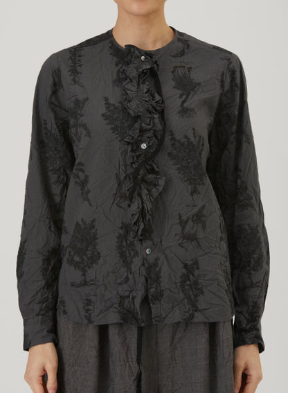 Relax Herbal Print Ruffle Collarless Blouse