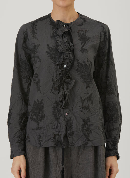Relax Herbal Print Ruffle Collarless Blouse