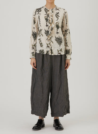 Relax Herbal Print Ruffle Collarless Blouse