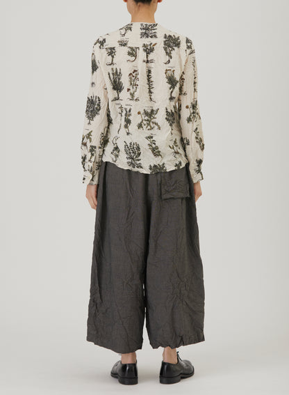Relax Herbal Print Ruffle Collarless Blouse