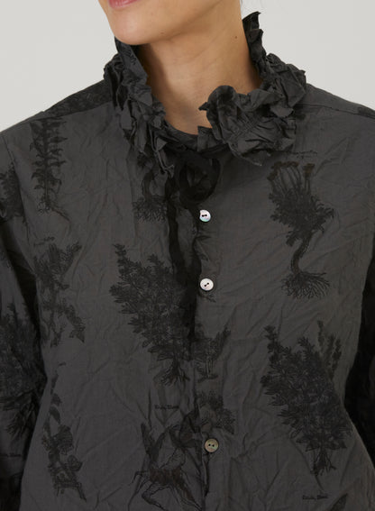 Relax Herbal Print Ruffle Collarless Blouse